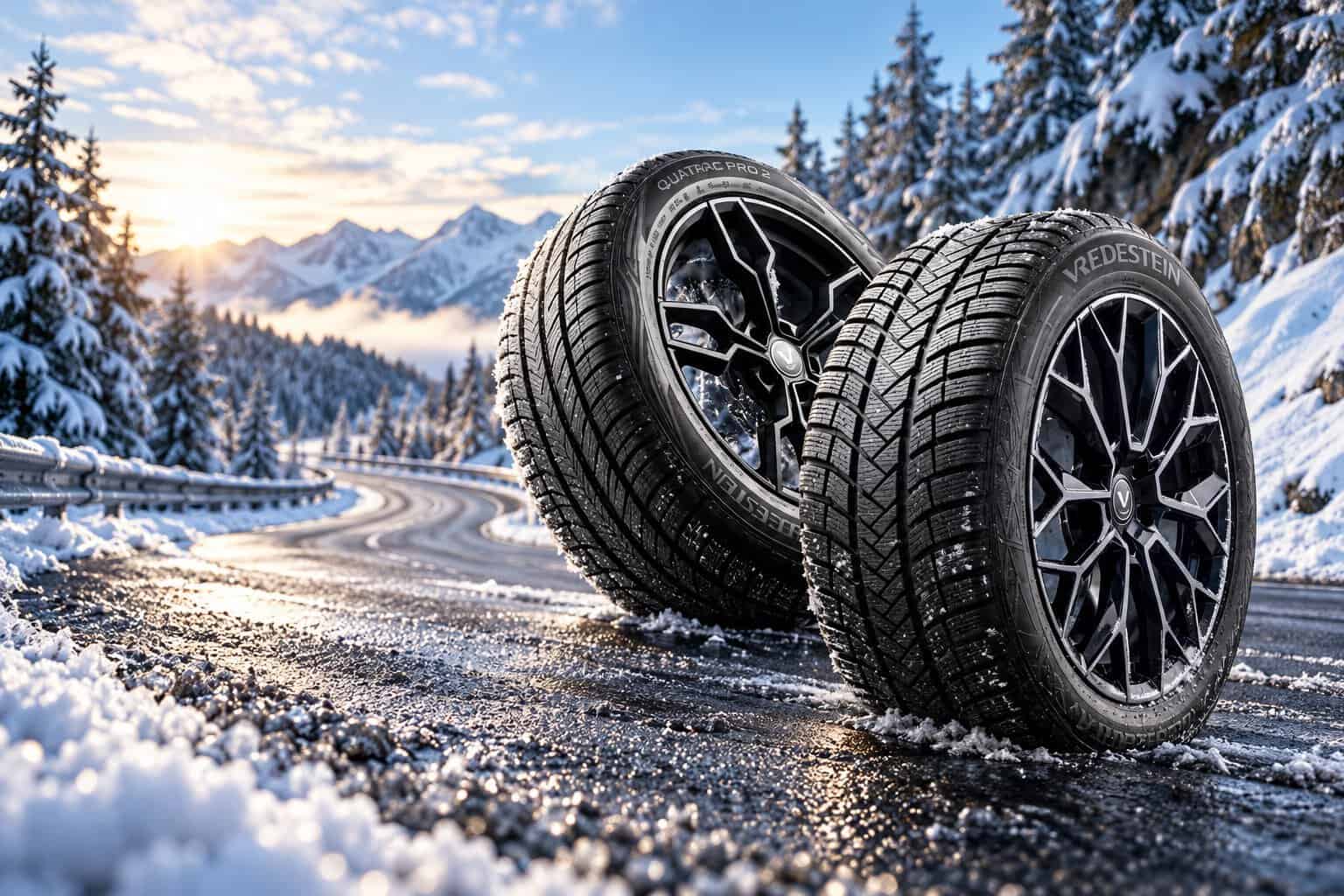 Vredestein-banden op de voorgrond van een besneeuwde bergweg
